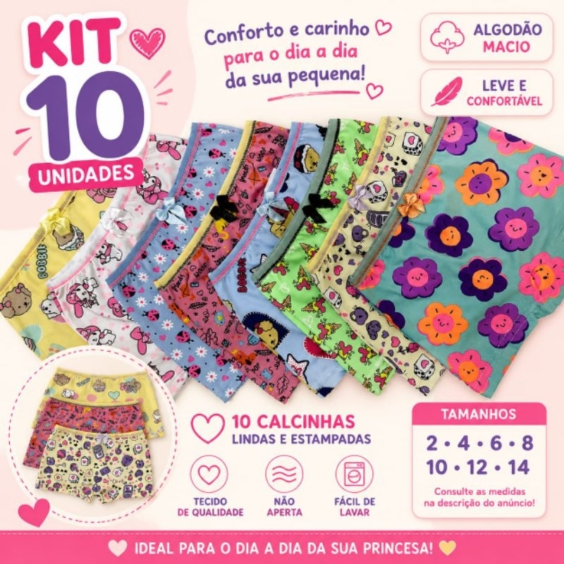Kit 10 Calcinhas Infantis Menina Algodão Confortável Estampadas Vários Tamanhos