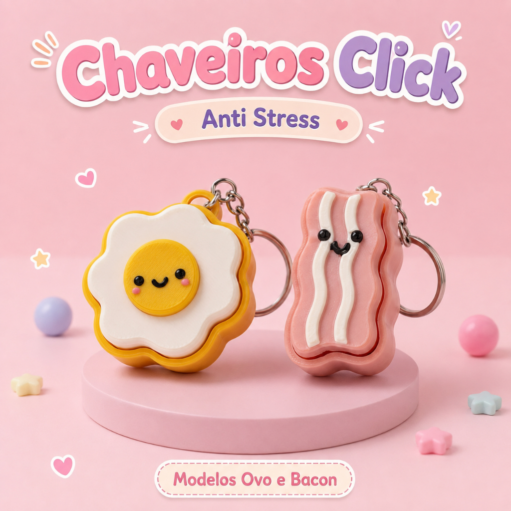 Chaveiro Click Anti Stress Fidget 3D – Ovo e Bacon | Brinquedo Sensorial Relaxante