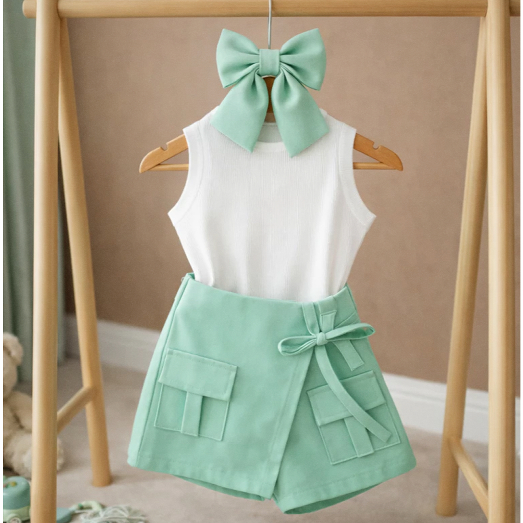Kit Conjunto Infantil Menina Regata Ribana Premium Short Saia com Bolso Moda Blogueira Casual 2 ao 10 Várias Cores