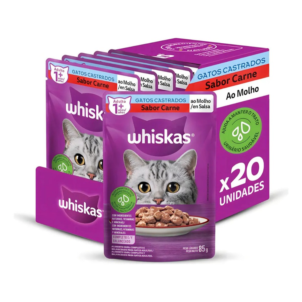 20 unidades Ração Whiskas para Gatos Castrado Carne 85g