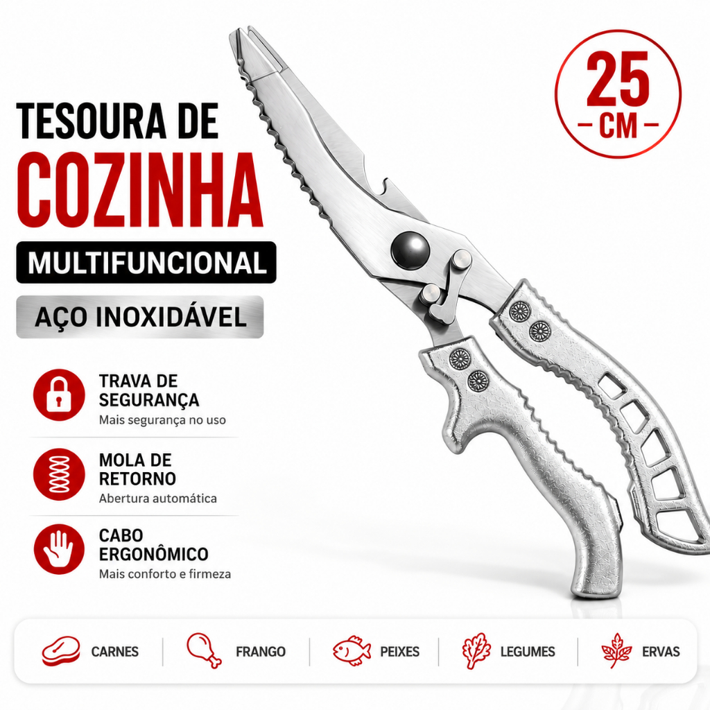 Tesoura de Cozinha Multiuso Aço Inox para Frango Carnes Peixes Legumes Ervas e Alimentos