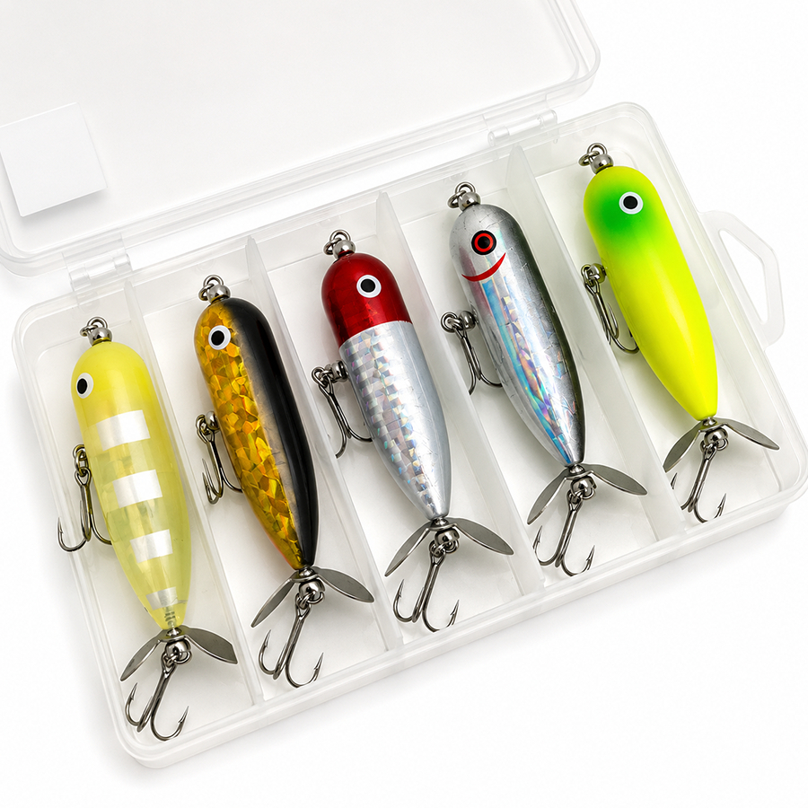 Isca Artificial Superfície com Hélice Traseira Chocalho 8cm para Tucunaré Traíra Robalo Água Doce Kit 5