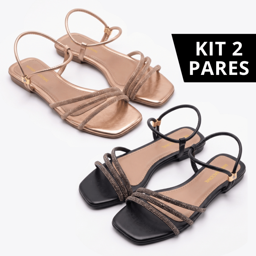 Kit 2 Pares Sandália Feminina Rasteirinha Strass com Brilho Confortável Sandália Casual Dia a Dia Cobre Preto Nude