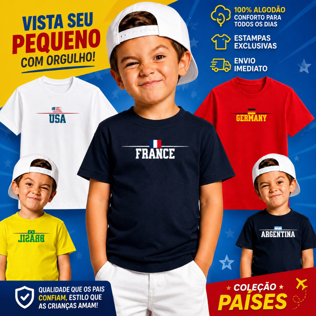 Camiseta Infantil Países do Mundo Brasil USA Portugal Canadá França Italia Holanda Argentina Estampada 100% Algodão