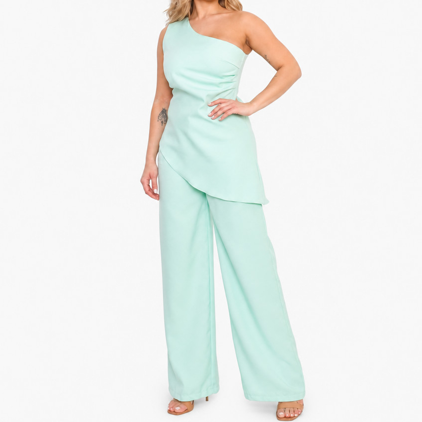 Conjunto Feminino Alfaiataria Calça Pantalona Blusa Assimétrica Um Mula Manca Ombro Só Festa Elegante Luxo Menta