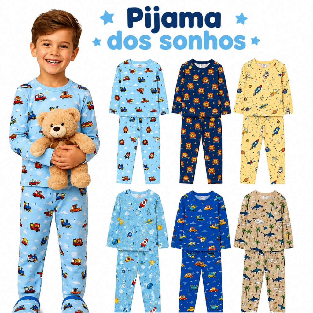 Kit 3 Pijamas Infantil Menino Manga Longa Estampas Calça Sortido Crianças Tamanho 1 a 6 Noites Frias