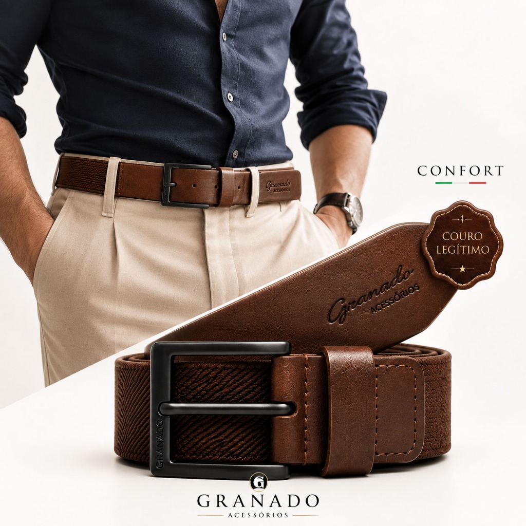 Cinto Masculino Casual Elástico Couro Legítimo Elegante Granado