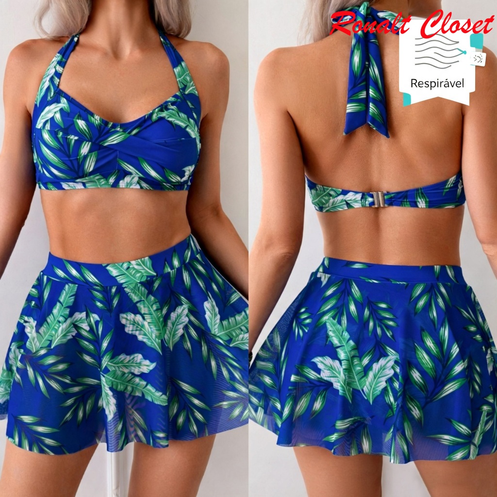 Conjunto 2 Peças Biquíni Feminino Estampas Up Tropicais Com Bojo Saia De Praia Swimsuit