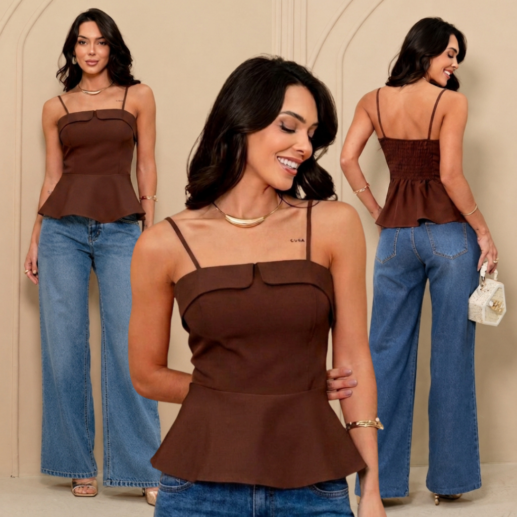 Blusa Feminina Peplum Regata Alfaiataria Premium Alcinha Decote Elegante P / M / G / GG.