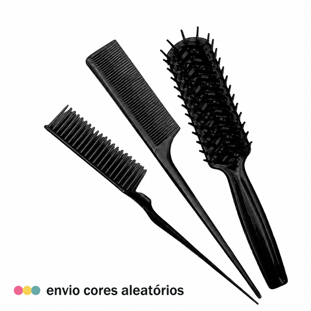 Kit Escovas Para Cabelo Pente Fino + Escova Mariana + Pente Três Fileiras CORES SORTIDAS