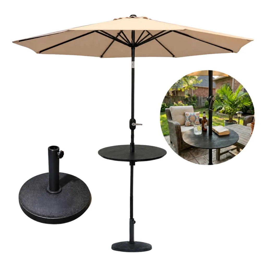 Kit Ombrelone Central 2,70m com Base 12kg e Mesa de Apoio Jardim Piscina Revomax