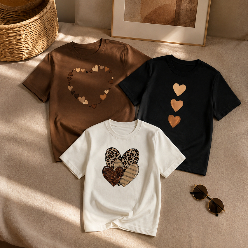 Kit 3 Camisetas Femininas Estampadas Corações Camisa Tendência Moda Blogueirinha 100% Algodão