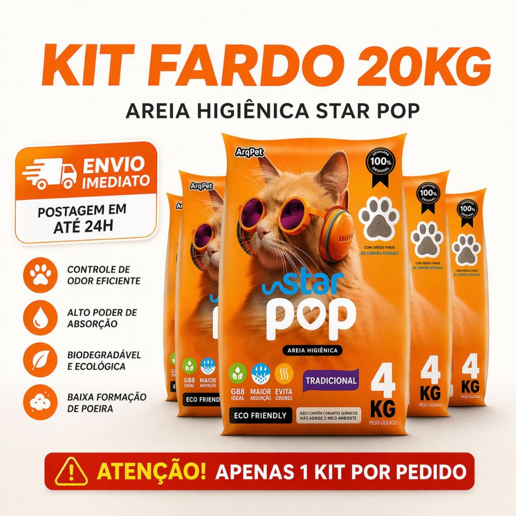 Kit Areia Sanitária Higiênica Argila Natural Star Pop Tradicional Gatos Antiodor Argipet