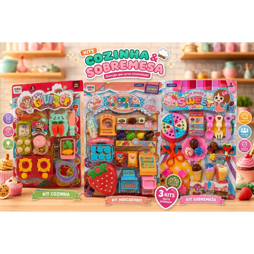 Kit Cozinha | Kit Sobremesa | Kit Mercadinho Infantil Brinquedo Comidinhas Educativo para Crianças