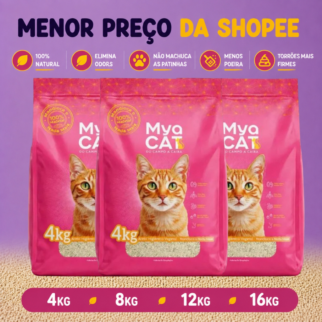  Areia Mya Cat 4kg a 16kg Biodegradável Mandioca Elimina Odor Gatos 