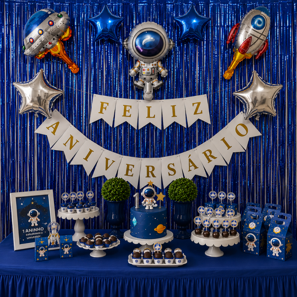 Kit Decoração Festa Astronauta Menino Azul Painel Balões Estrela Feliz Aniversário