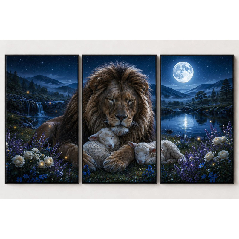 Quadros Decorativos Leão De Judá e Cordeiro Religioso 3 Peças Decoração Sala Quarto Escritório Decoração