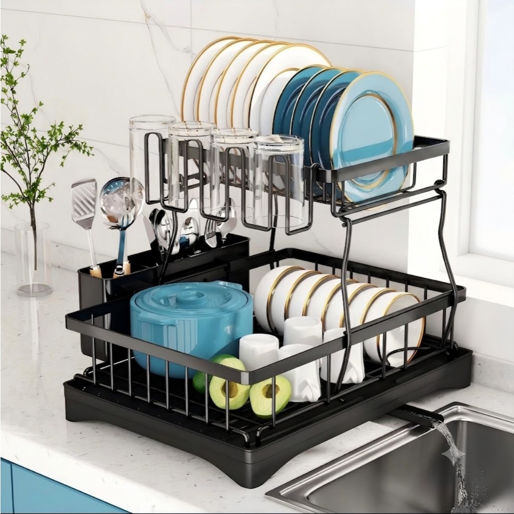 Escorredor De Pratos Em Aço Inox 2 Andares Com Dreno Prateleira De Pratos Drenagem Automática Para