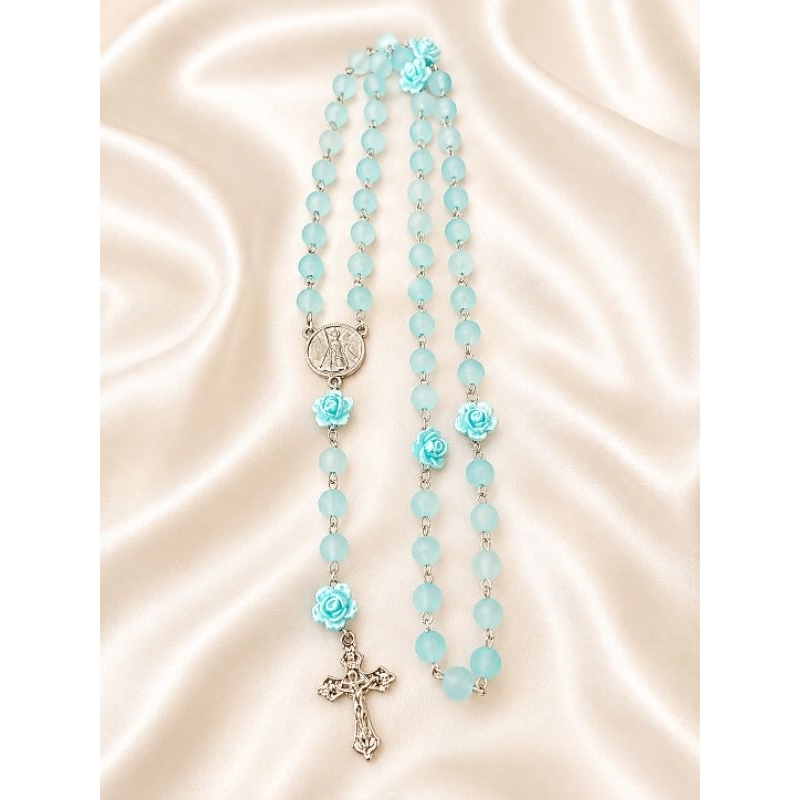 Terço Nossa Senhora Aparecida Azul com Rosas | Terço Católico Artesanal para Oração e Presente