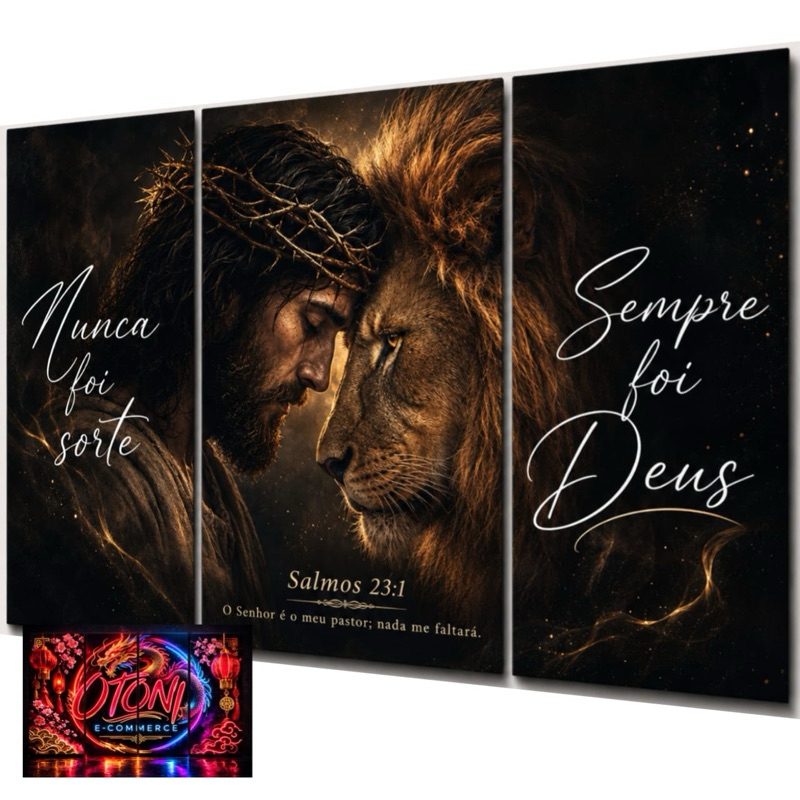 Quadros Decorativos Jesus e Leão De Judá Religioso Face Nunca Foi Sorte Sempre Foi Deus 3 Peças Decoração Sala Quarto m