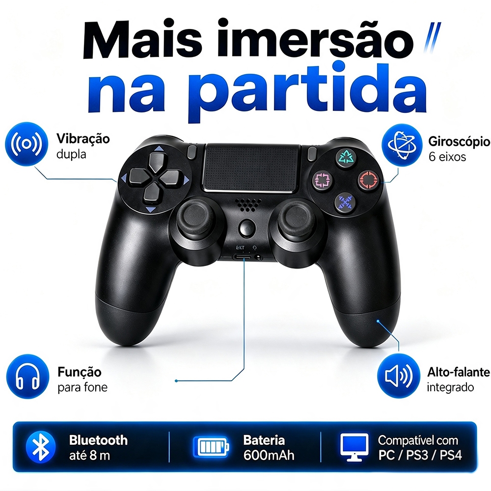Controle Sem Fio Bluetooth Gamepad com Vibração Dupla para PS4 PC Touchpad