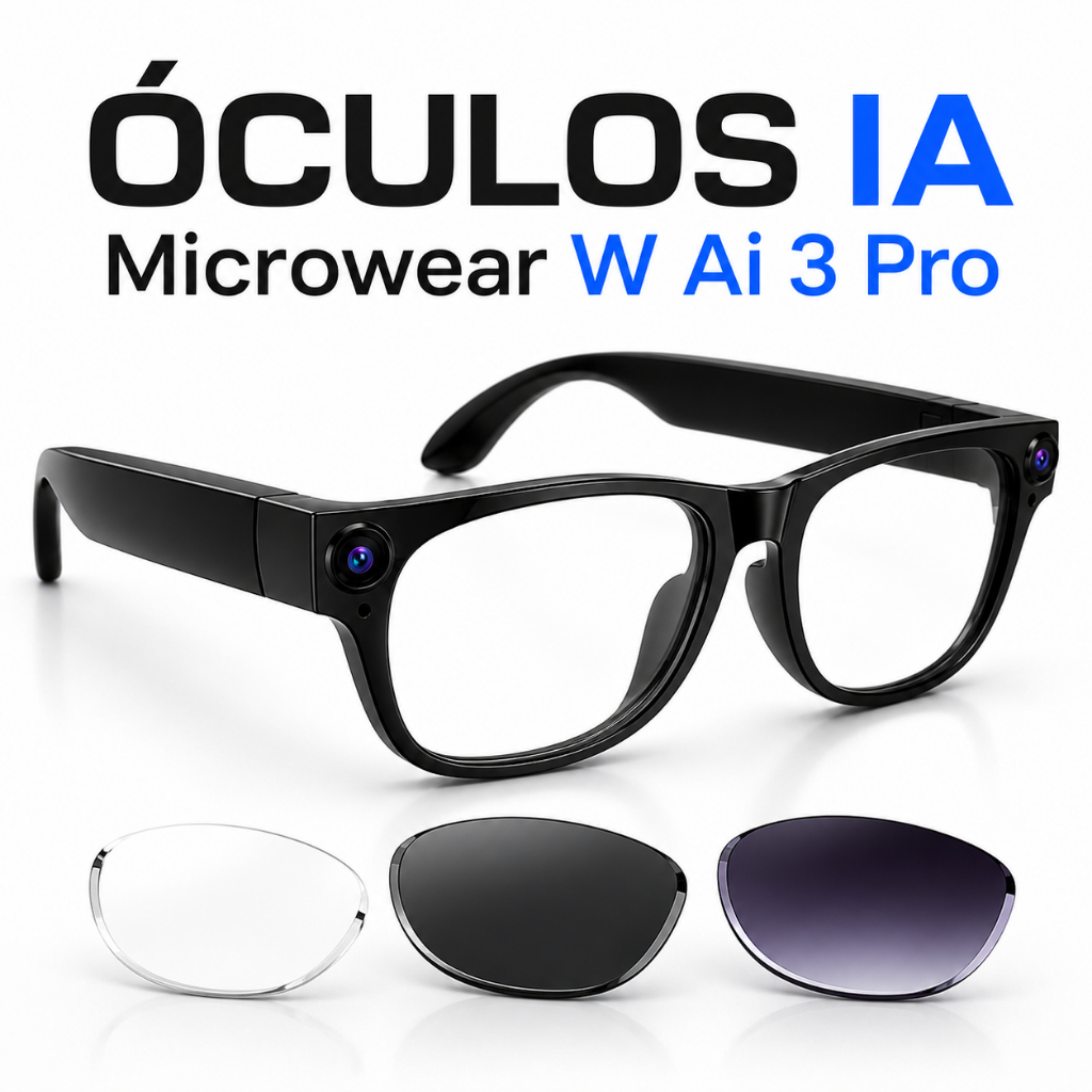 Óculos Inteligente W-AI3 Pro Câmera 4K IA Tradutor Bluetooth Áudio 3 Lentes