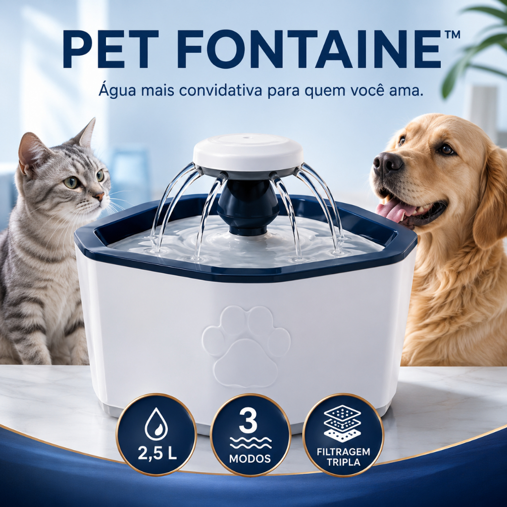 Bebedouro Fonte Automática Pet 2,5L 3 Modos para Gatos e Cachorros com Filtro Triplo Pet Fontaine