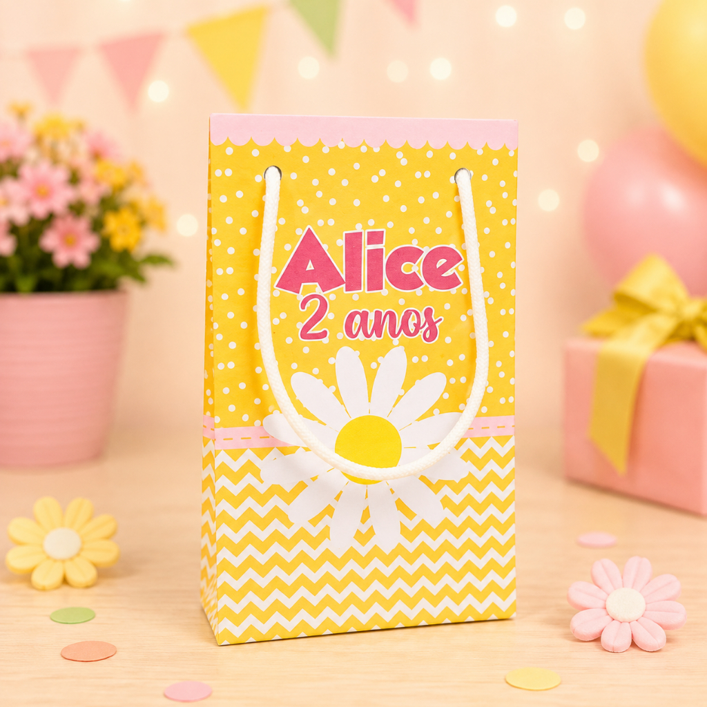 Kit 10 a 30 Sacolinhas Surpresa Personalizada Margaridas Lembrancinhas Festa Infantil Aniversário PEGUE E MONTE