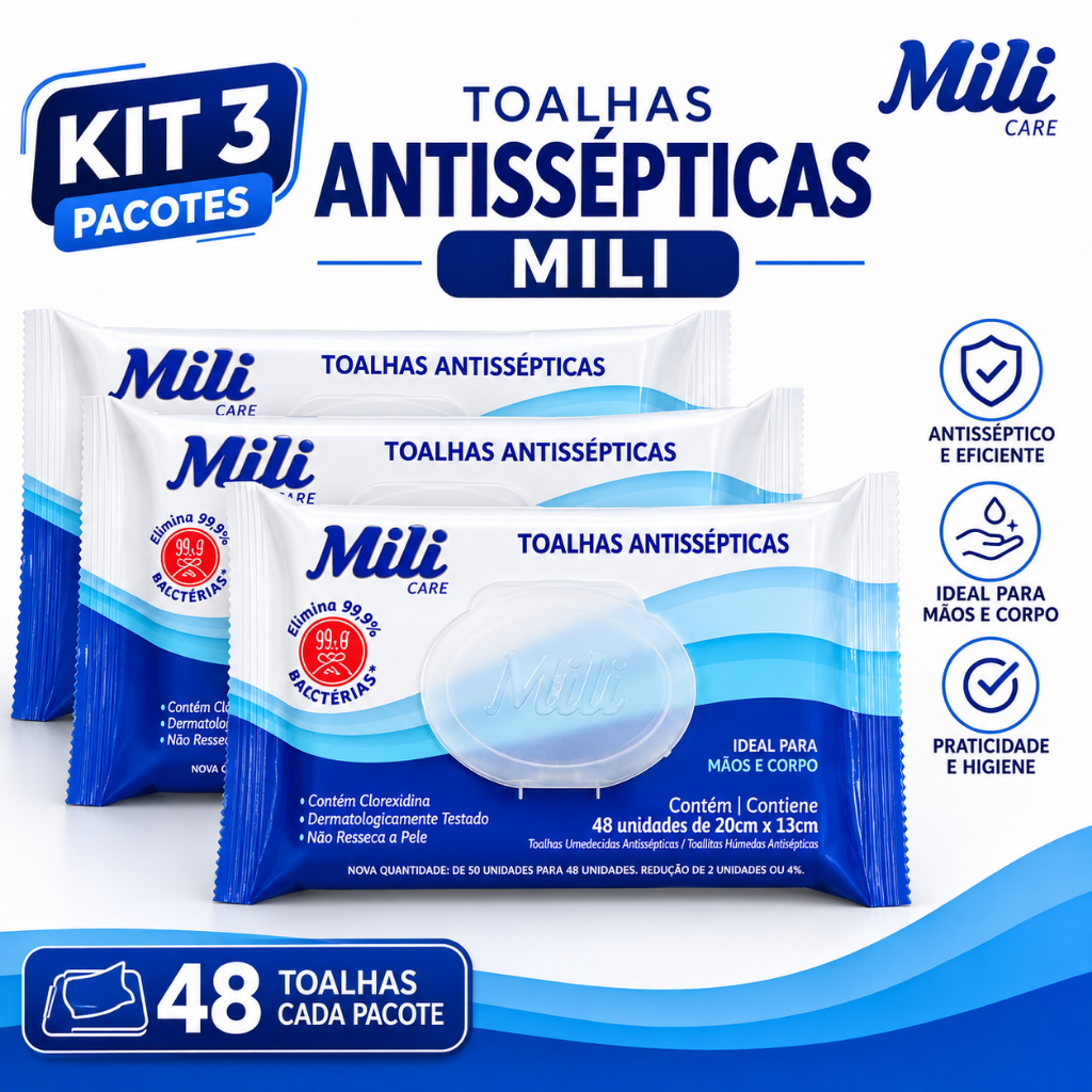 Kit 3 Pacotes de Lenços Umedecidos Toalhas Antissépticas Umedecidas Mili 144 Unidades