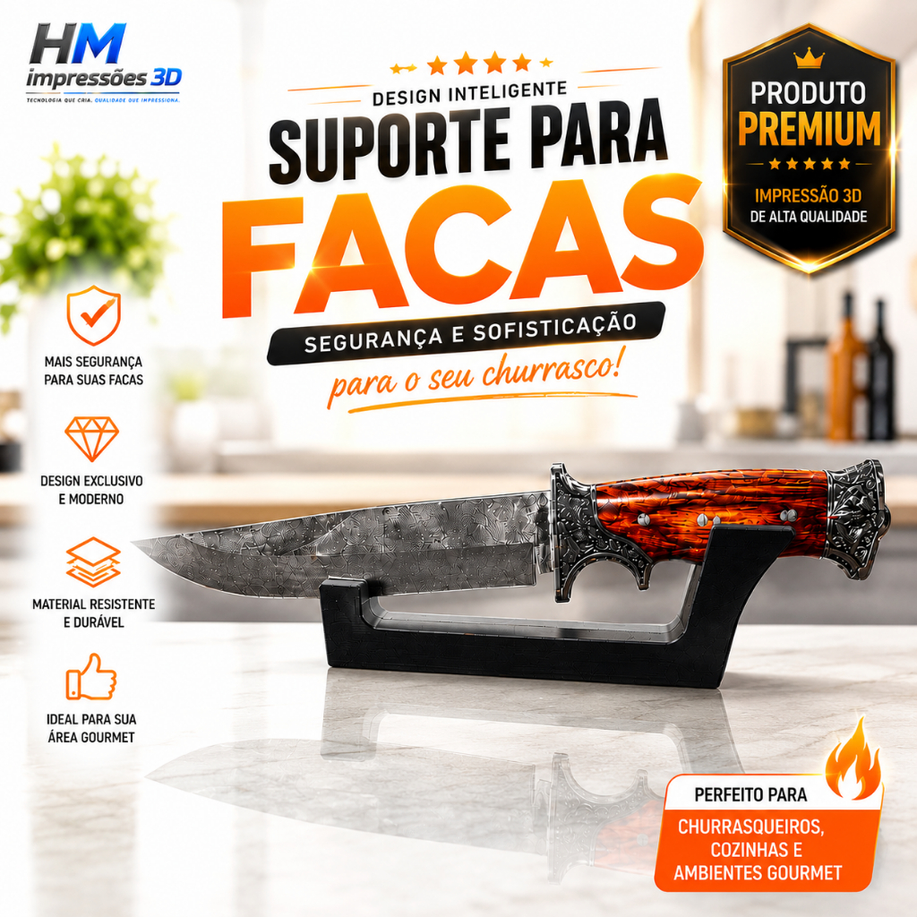 Suporte para Faca Churrasco em 3D Porta Facas Expositor de Bancada para Área Gourmet Churrasqueira Organizador de Facas