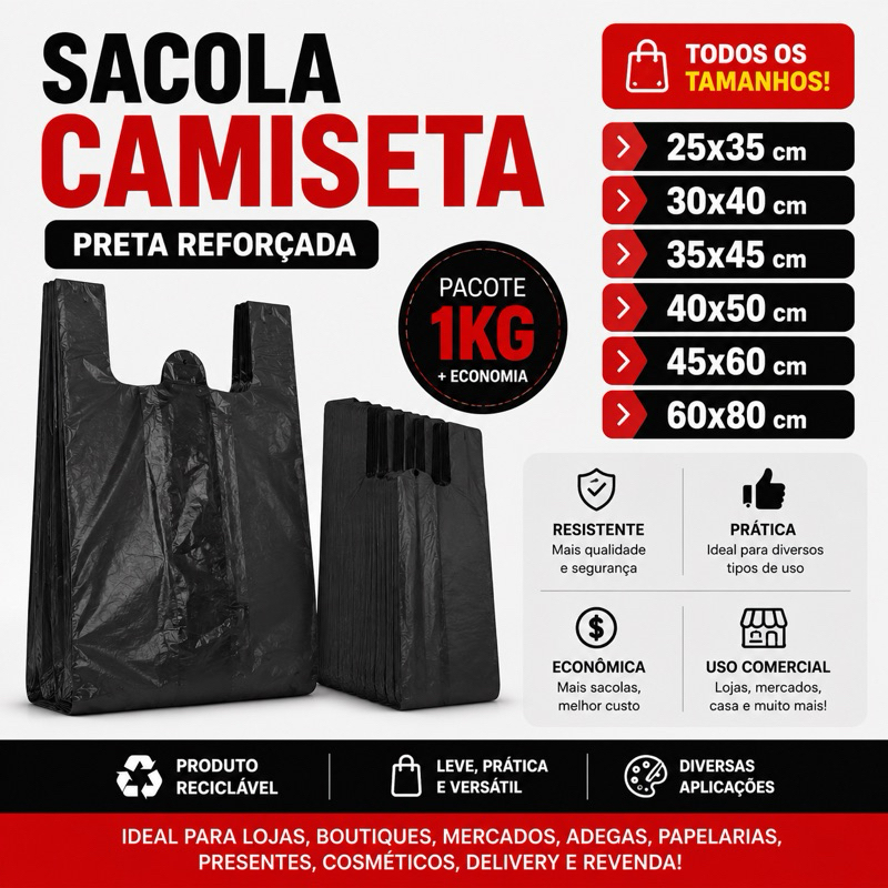Sacolas Plástica Preta Alça Camiseta PCT 1kg para Mercado, Adega, Lojas e Conveniência.