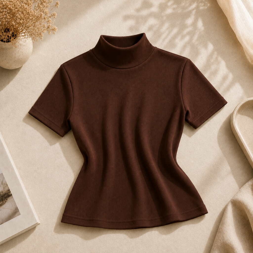Blusa Feminina Gola Alta Manga Curta Ribana Canelada Básica Elegante Casual Premium Estilosa Confortável Minimalista