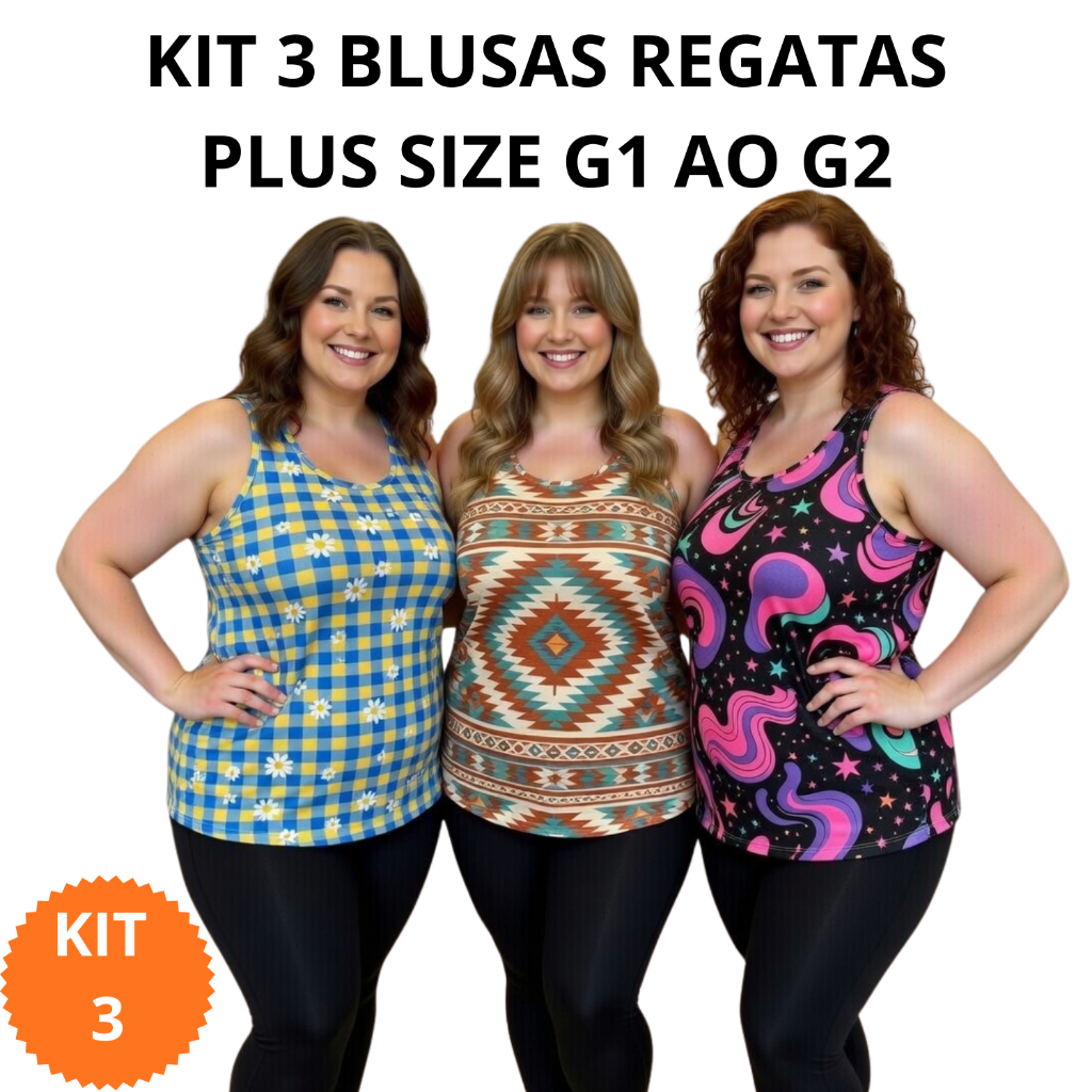Kit 3 Blusas Femininas Liganete Plus Size Regata Alça Larga | G1 G2 | Estampas Variadas