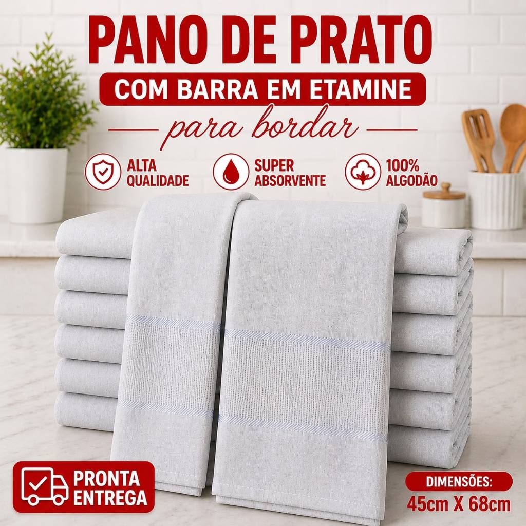 Kit 12 Panos De Prato Louça Barra Em Etamine Ideal Para Bordar Ponto Cruz