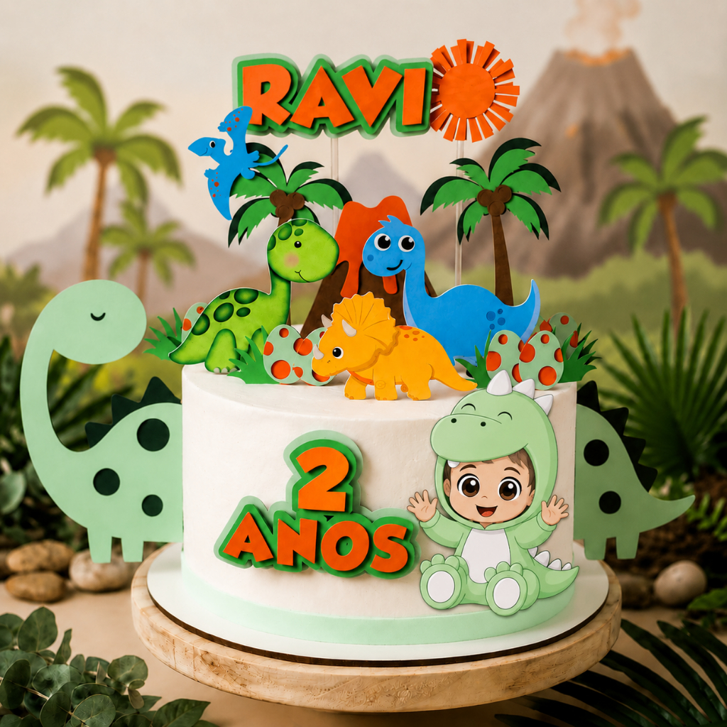 Topo de Bolo Dinossauro Baby Menino | Personalizado com Nome e Idade | Festa Infantil
