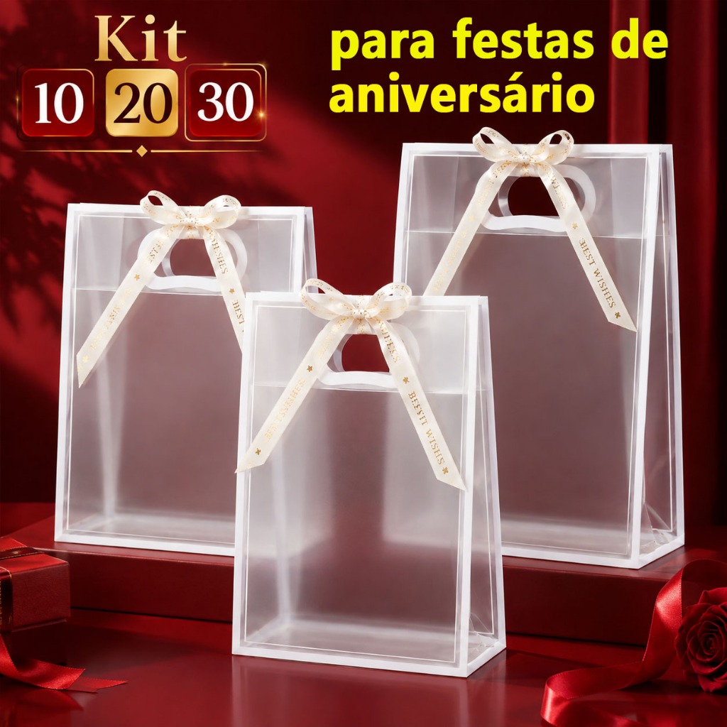 Sacola De presente aniversário PP Transparente Borda Colorida 3 Cores Batizado Natal Festa Lembrancinha Doces Cosmétic