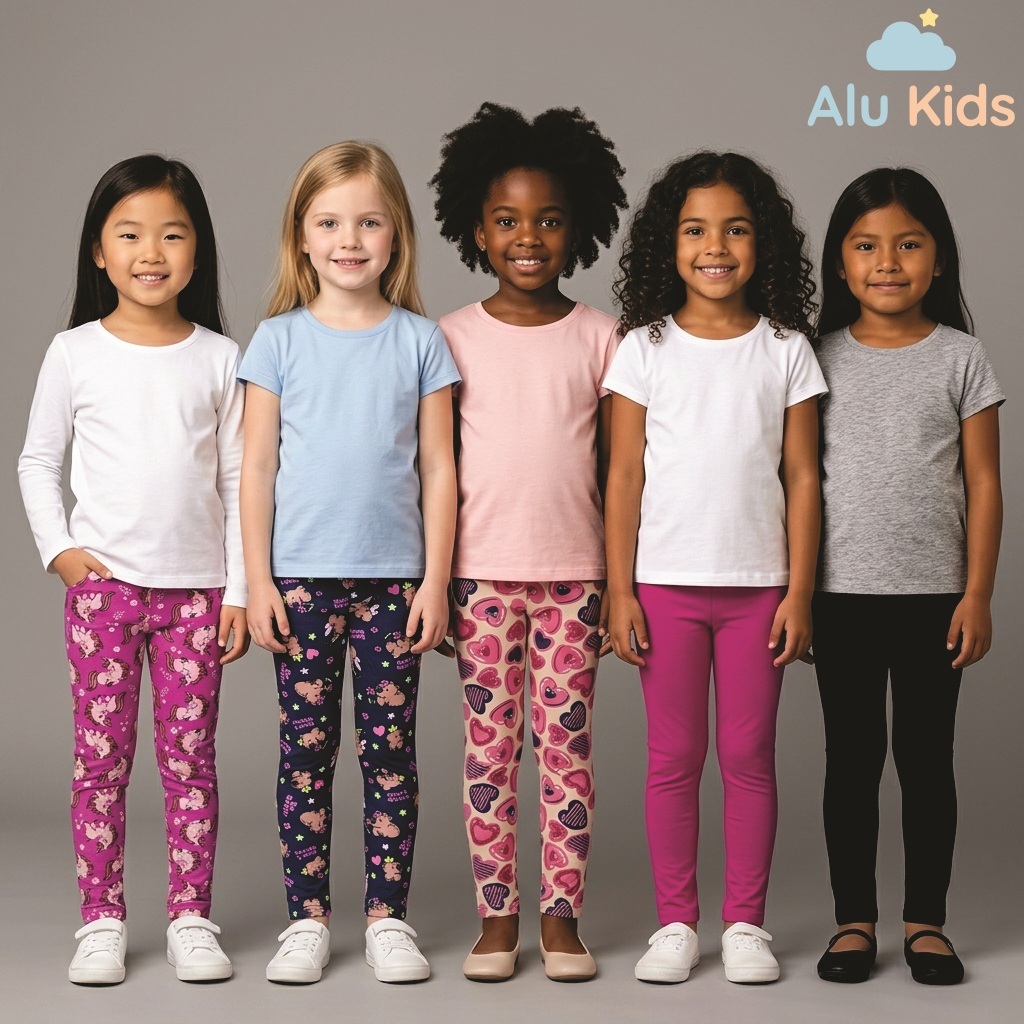 Kit 5 Calças Legging Estampada e Lisa Algodão Escolar Infantil e Juvenil Feminina Menina