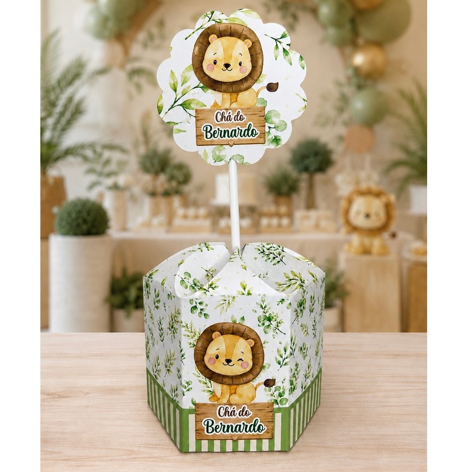 Centro de Mesa Leãozinho Safari Pegue e Monte Caixa Sextavada Personalizada Lembrancinha Festa Infantil