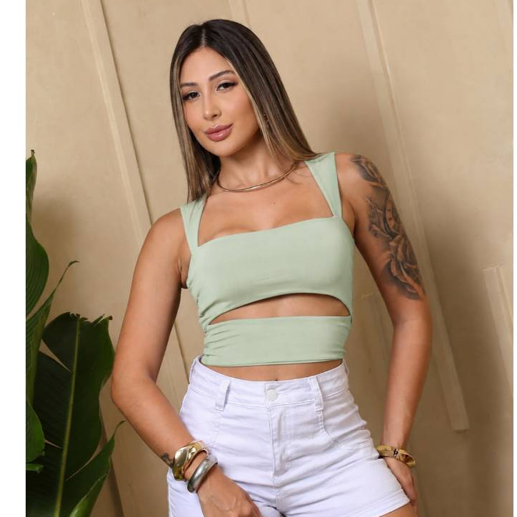 Cropped Feminino Suplex Decote Quadrado Liso Moda Verão Moda Blogueira Tendencia Abertura na Barriga
