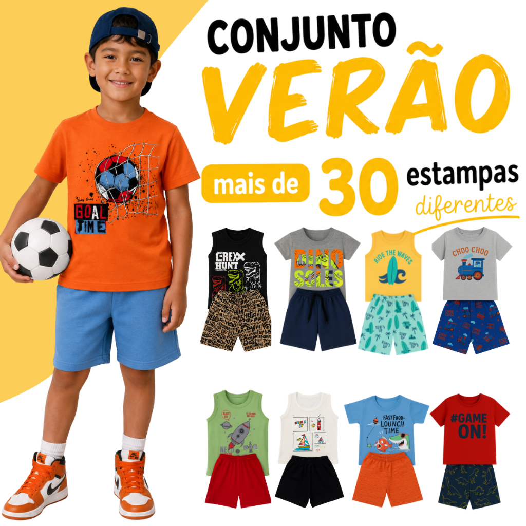 Kit 12 Peças Conjunto Verão Menino Calor Infantil Masculino Estampas Sortidas Camiseta e Shorts Regata