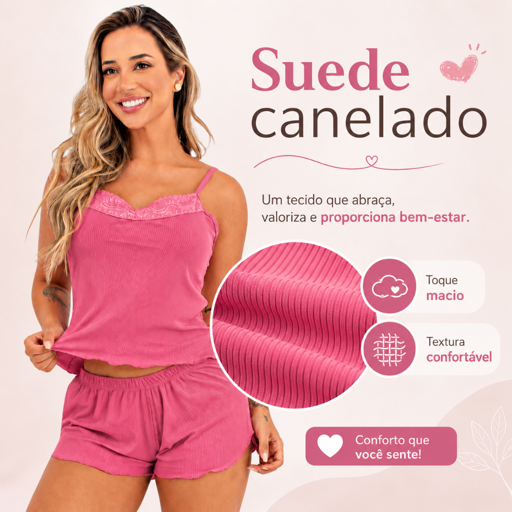 Pijama Short Doll Baby Doll Liso Canelado C/ Renda Roupa para Dormir — imagem 2 de 2