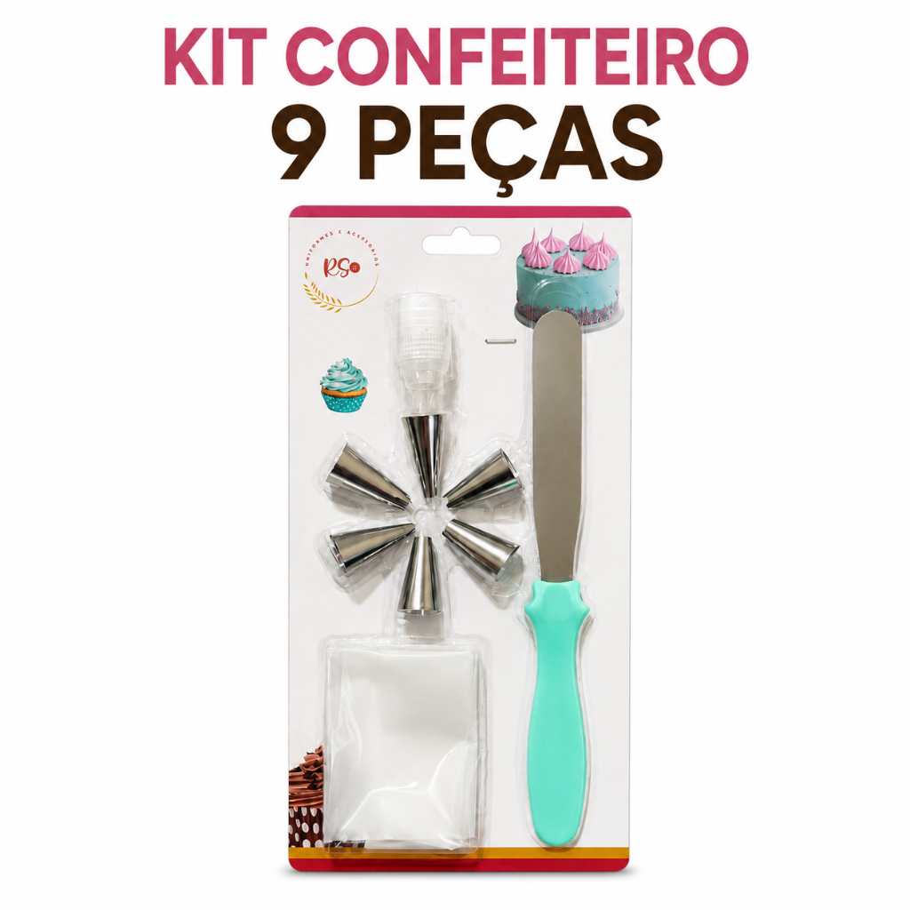 Kit Confeitaria 9 Peças Saco Confeitar 6 Bicos Acoplador Espátula Inox Cores Sortidas