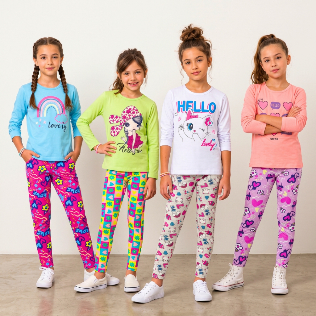 Conjunto Menina Calça Legging com Camiseta Manga Longa Meia Estação Algodão Liso e Estampado 1 ao 16 anos