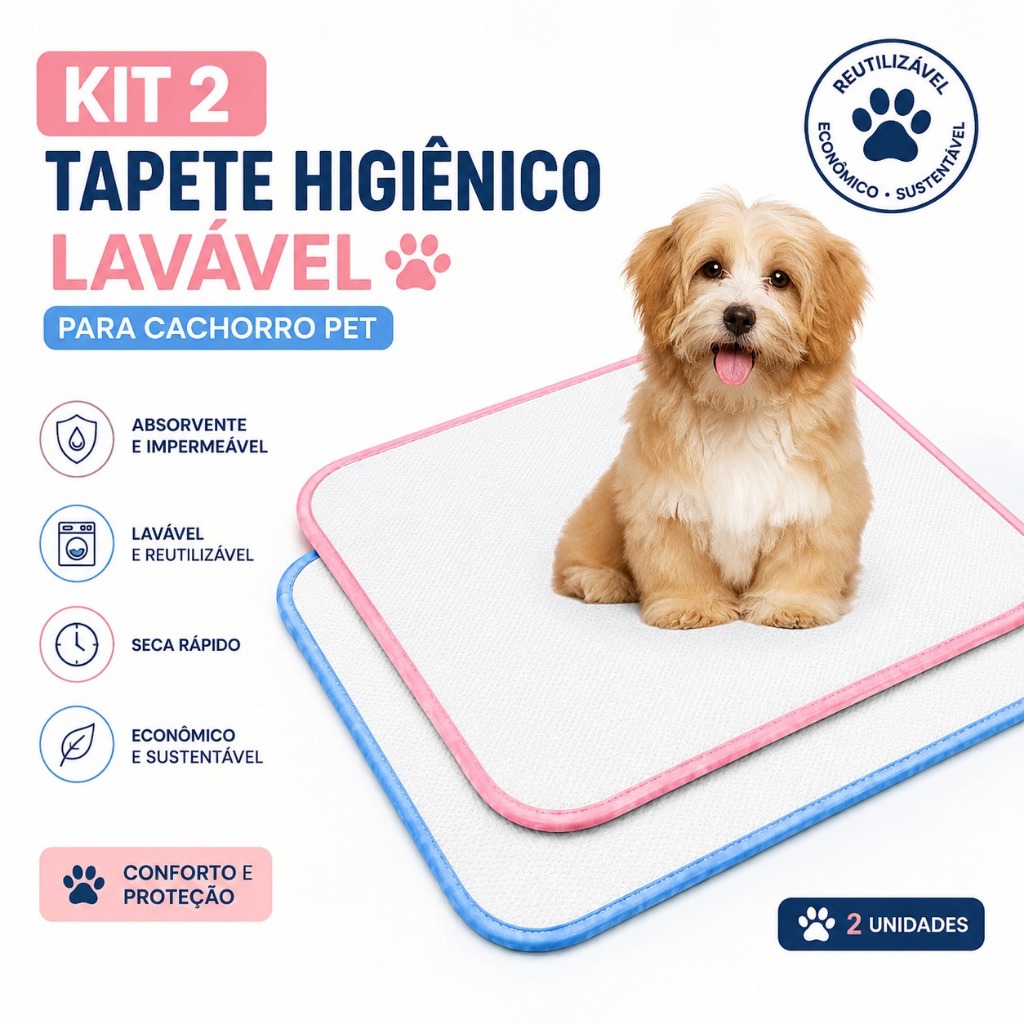 Kit 2 Tapetes Higiênicos Laváveis para Cachorro Pet Reutilizável Absorvente Seca Rápido