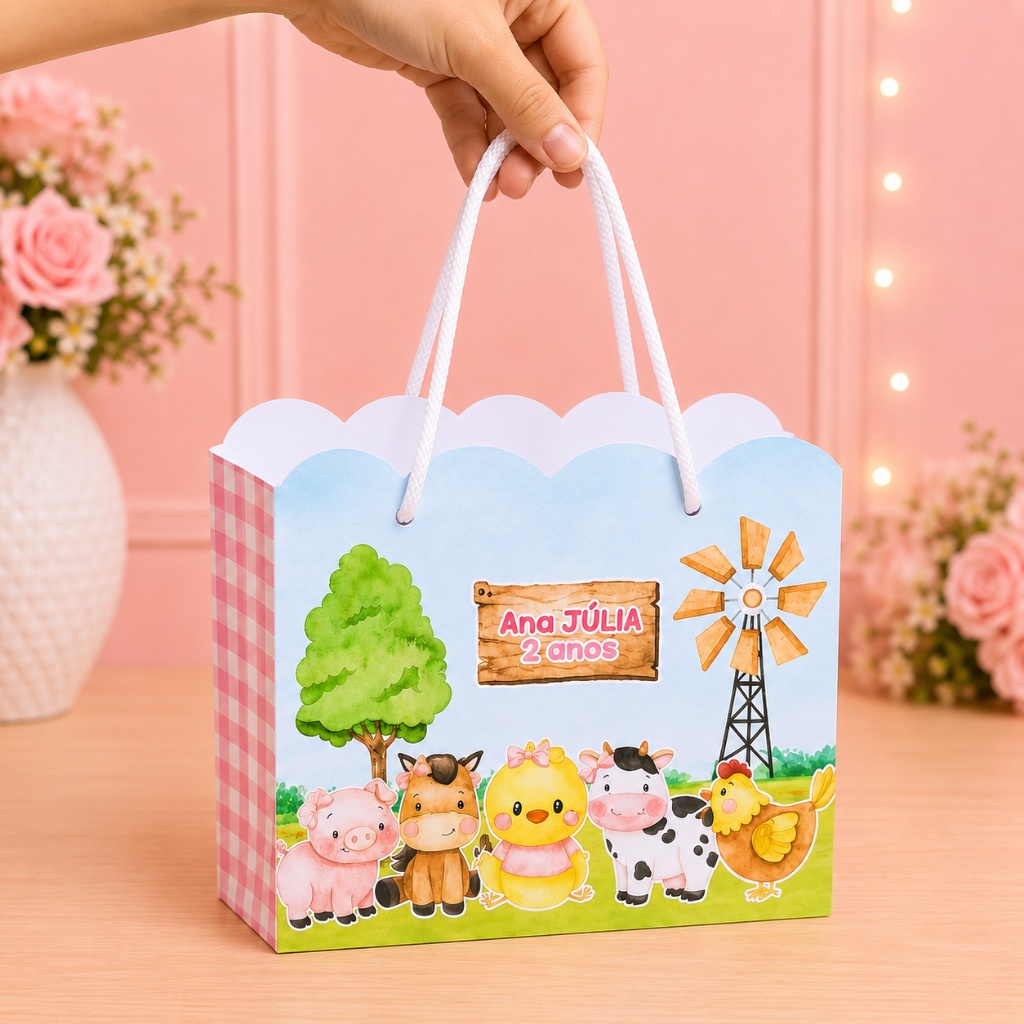 Sacolinha Fazendinha Rosa Kit festa  | Personalizados | Aniversários | Papelaria Personalizada | caixinhas | Lembrancin