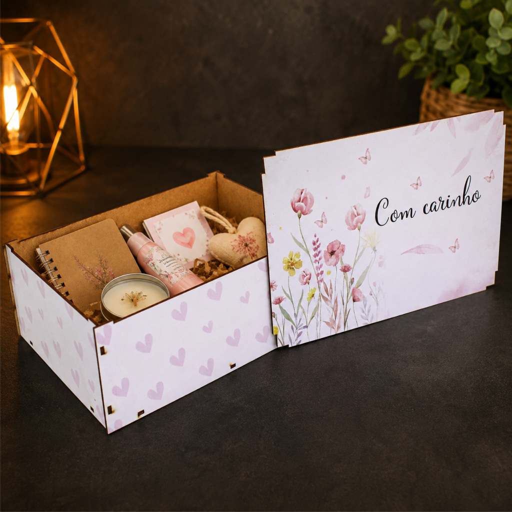 Caixa Organizadora MDF com Tampa Presente com carinho floral 23x17x9 Cm