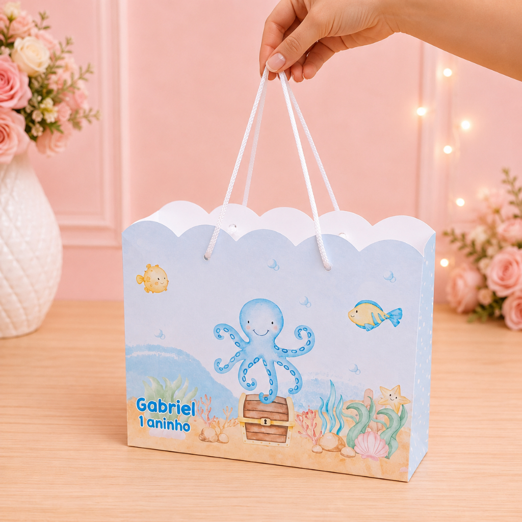 Sacolinha personalizada Fundo do mar azul lembrancinha kit festa caixinhas mimos Papelaria Personalizada