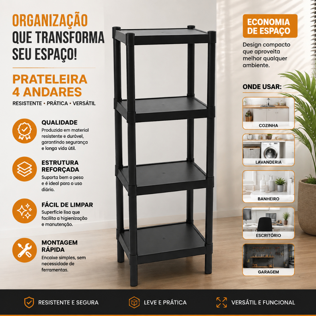 Estante Organizadora Multiuso 4 Andares Preta Prateleira Sapateira Banheiro Cozinha Quarto Lavanderia Casa Escritório