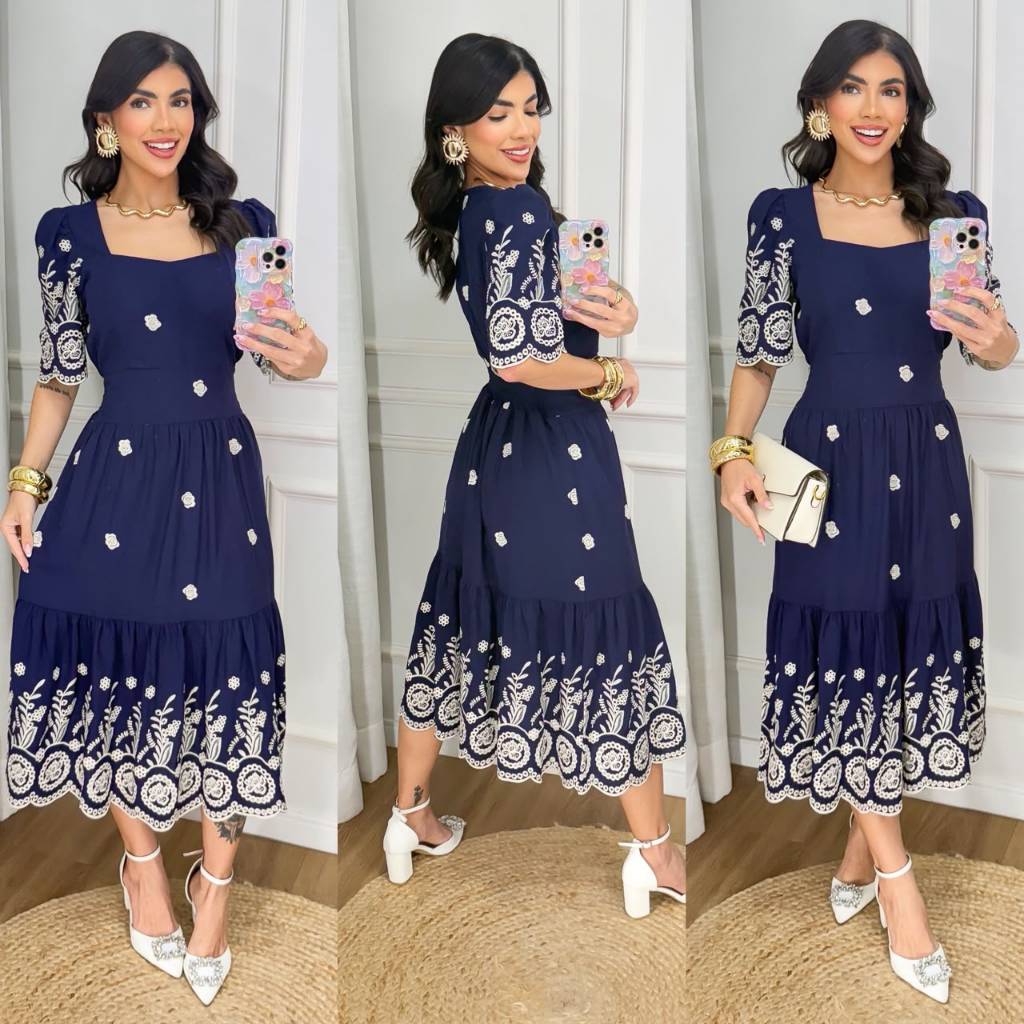 Vestido Feminino Elegante Midi Luxo estampado Elastex nas costas moda cristiana