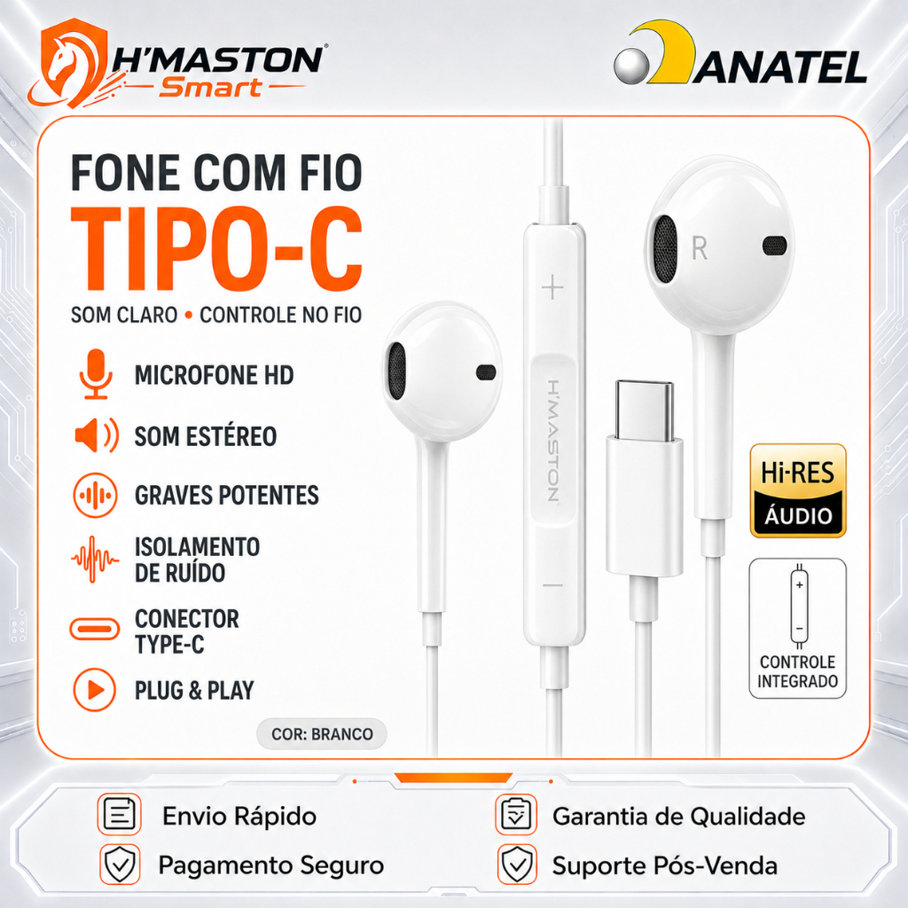 H'maston Fone De Ouvido Com Fio Tipo C Fone Com Fio Fone Tipo C Fone De Ouvido Tipo C Fone De Fio Fone Ouvido RB02
